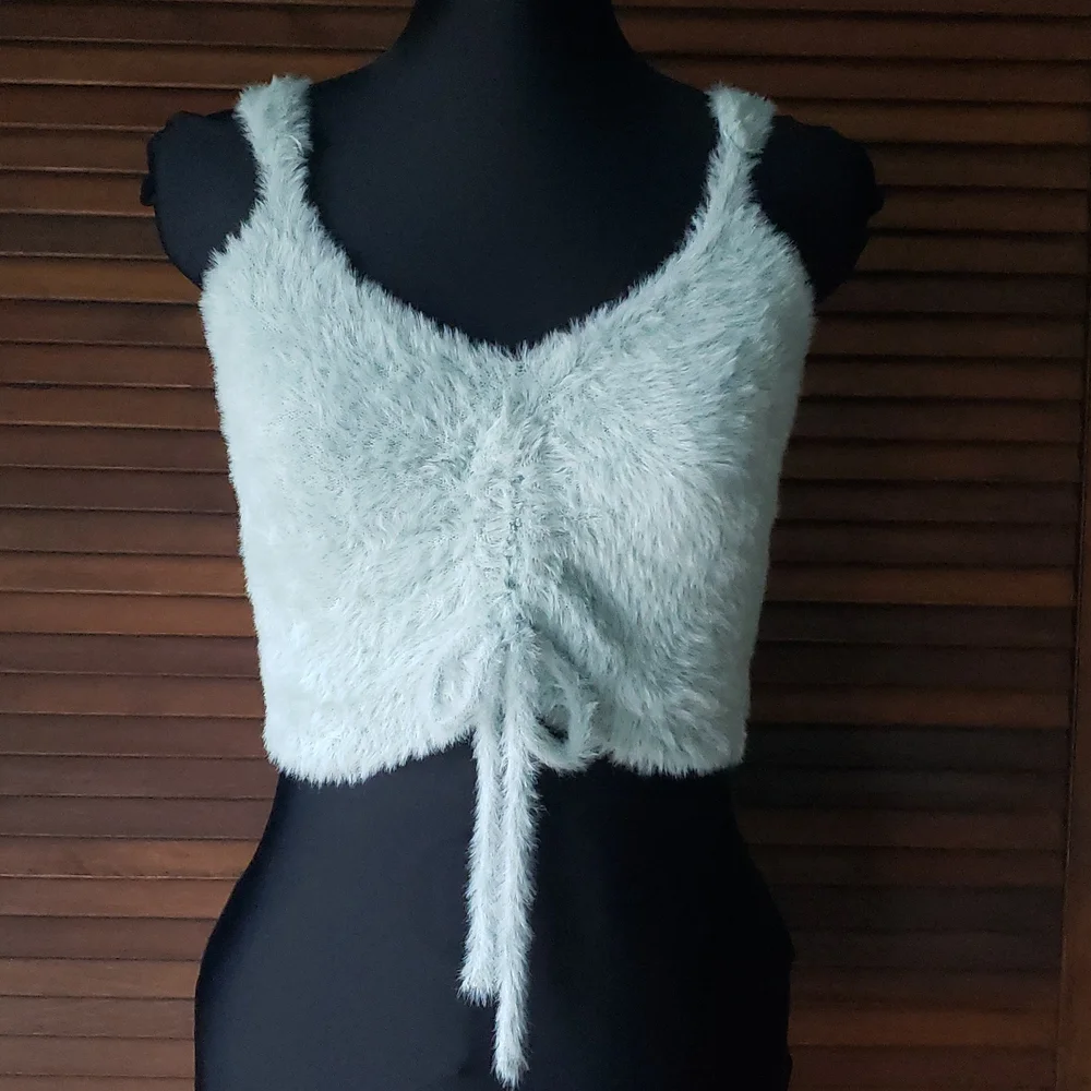 Wild Fable Fuzzy Mint Green Faux Fur Ruched Crop Top Women's Size Medium - Picture 2 of 12